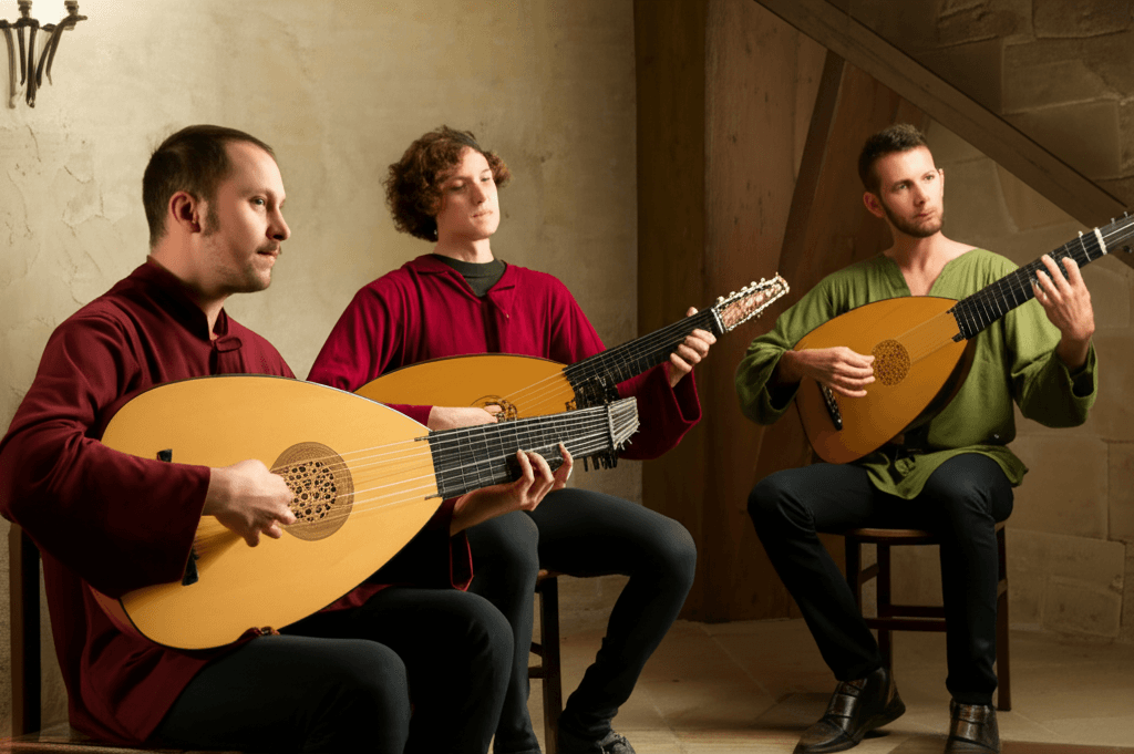 Medieval musicians playing early guitar-like instruments